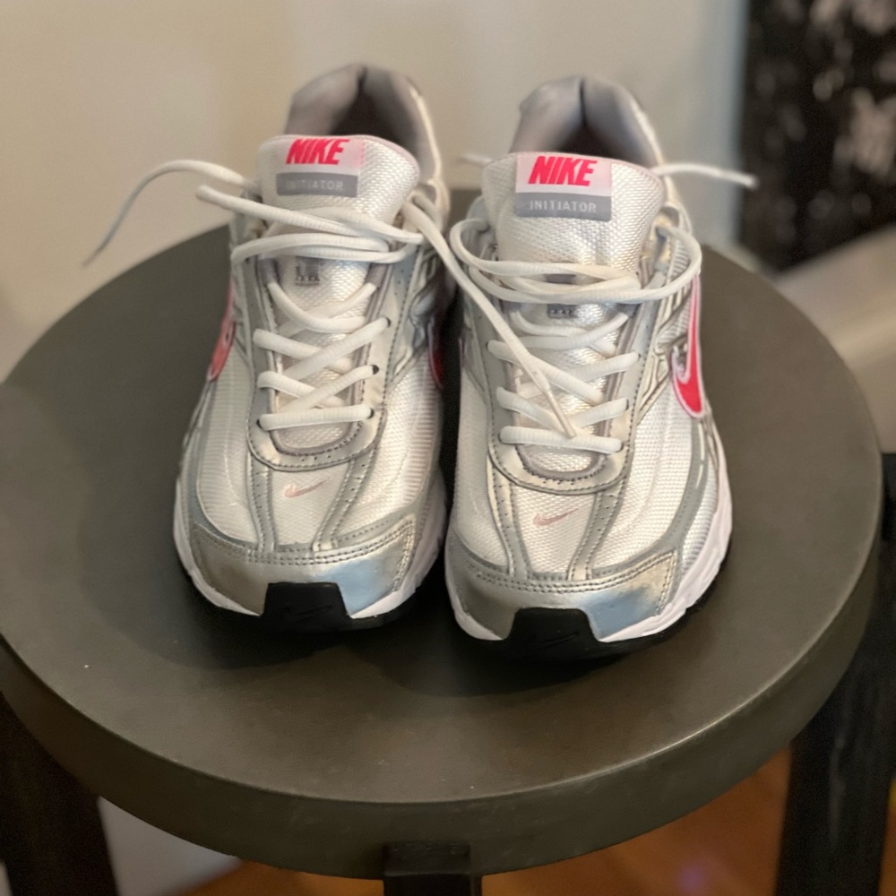 Nike White and Silver Sneakers with Pink Accents